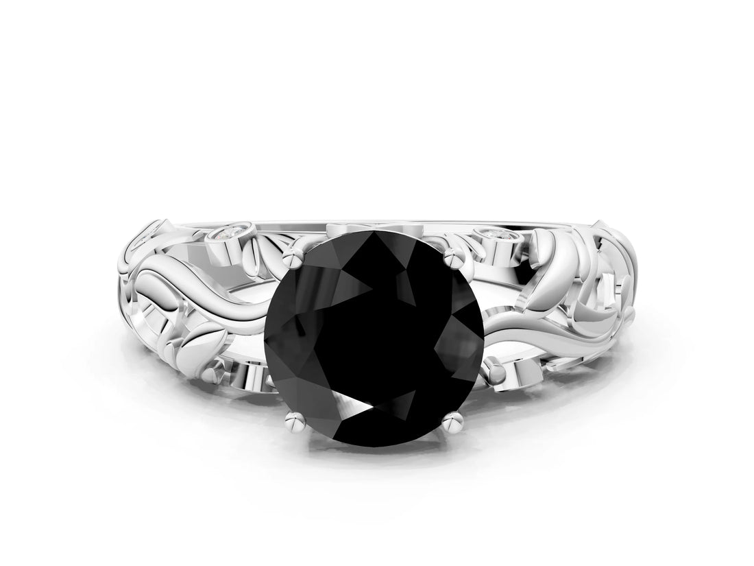 White gold Fancy Black Round Cut Solitaire Diamond Leaf-Inspired Vine Band Ring with Prong Setting