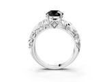 White gold Fancy Black Round Cut Solitaire Diamond Leaf-Inspired Vine Band Ring with Prong Setting_3