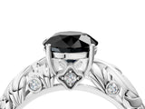 White gold Fancy Black Round Cut Solitaire Diamond Leaf-Inspired Vine Band Ring with Prong Setting_4