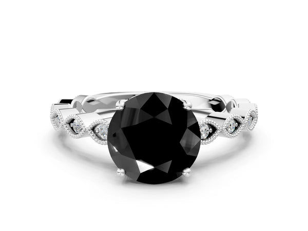 White gold Fancy Black Round Cut Solitaire Diamond Ring with Infinity Twist Band and Four-Prong Setting