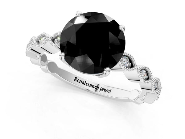 White gold Fancy Black Round Cut Solitaire Diamond Ring with Infinity Twist Band and Four-Prong Setting