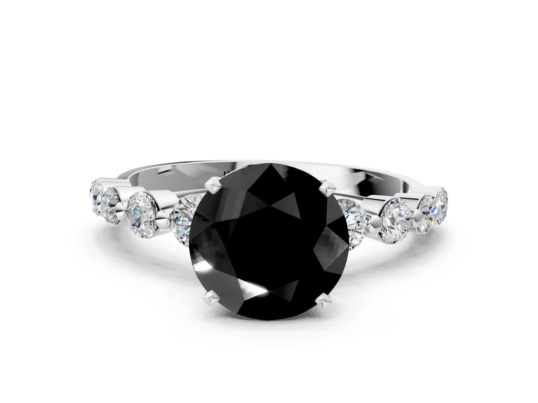 White gold Fancy Black Round Cut Solitaire Diamond Ring with Pave Band and Four-Prong Setting
