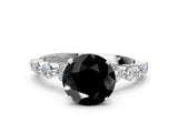 White gold Fancy Black Round Cut Solitaire Diamond Ring with Pave Band and Four-Prong Setting