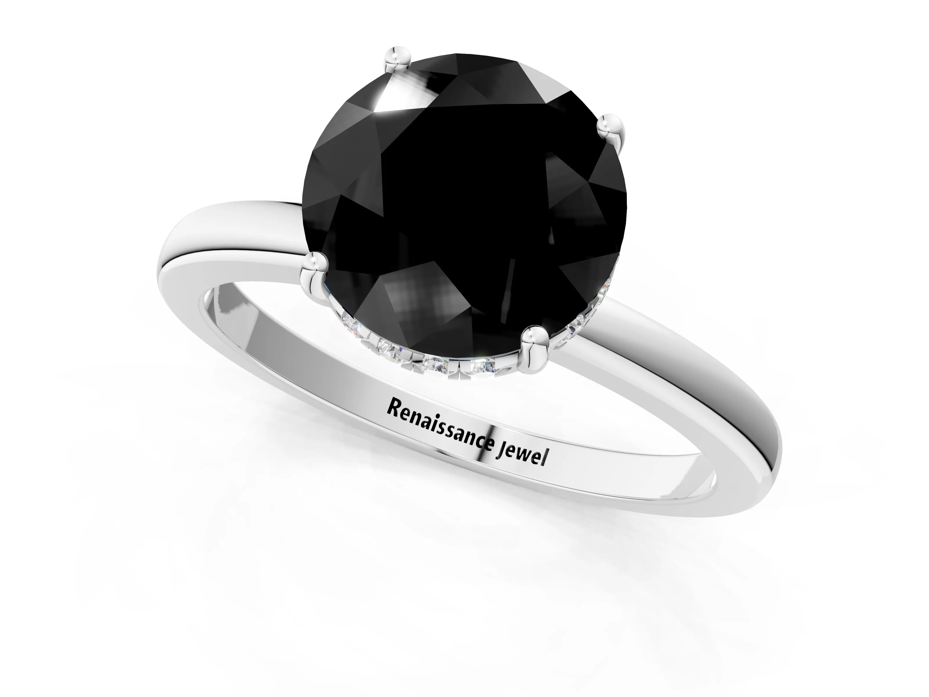 White gold Fancy Black Round Cut Solitaire Diamond Ring with Prong Setting and Plain Band_13