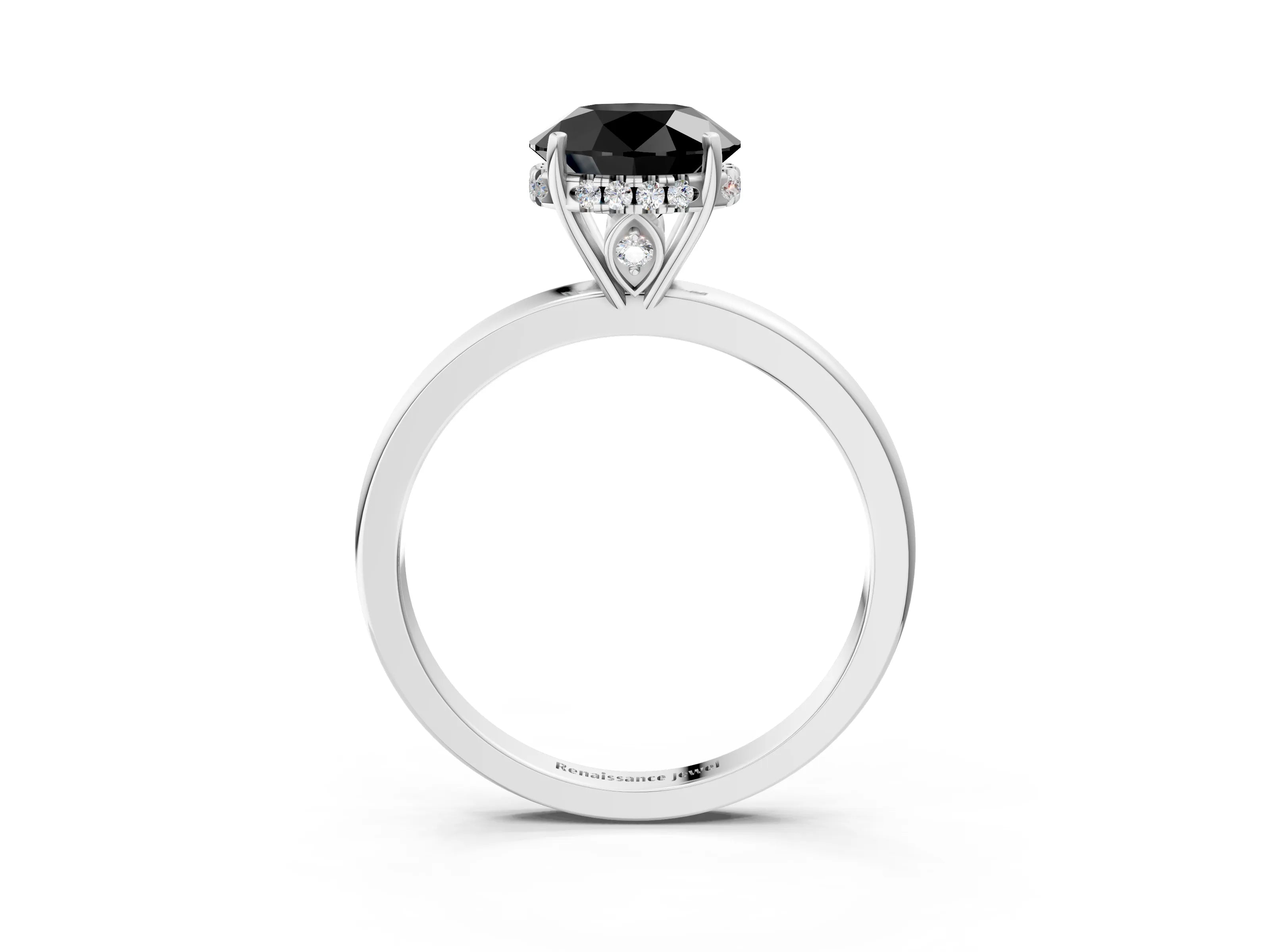 White gold Fancy Black Round Cut Solitaire Diamond Ring with Prong Setting and Plain Band_15