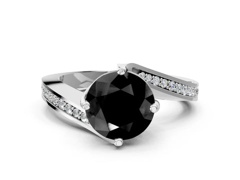 White gold Fancy Black Round Cut Solitaire Diamond Twist Band with Pavé Setting and Four-Prong Setting_12