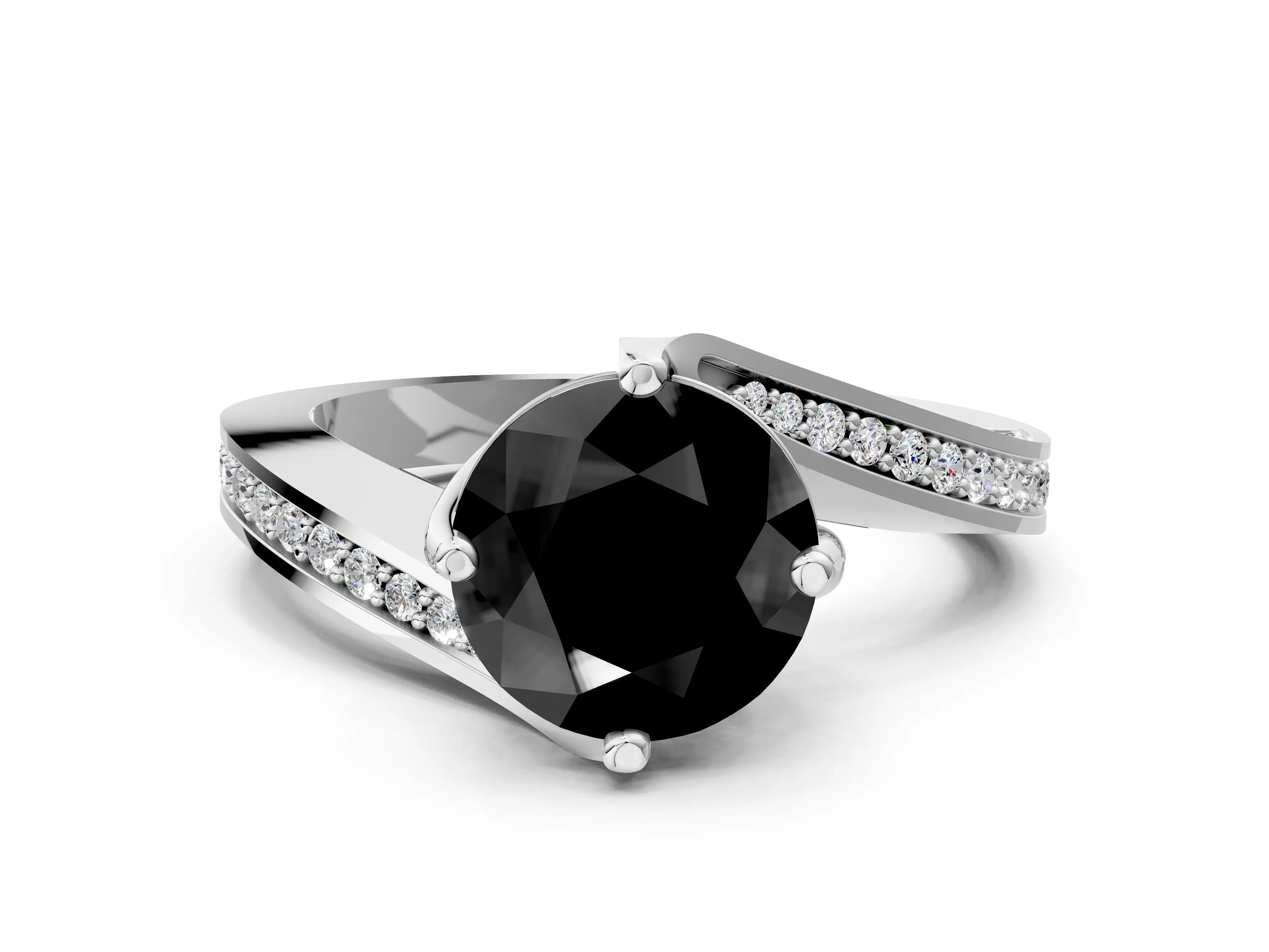 White gold Fancy Black Round Cut Solitaire Diamond Twist Band with Pavé Setting and Four-Prong Setting_12