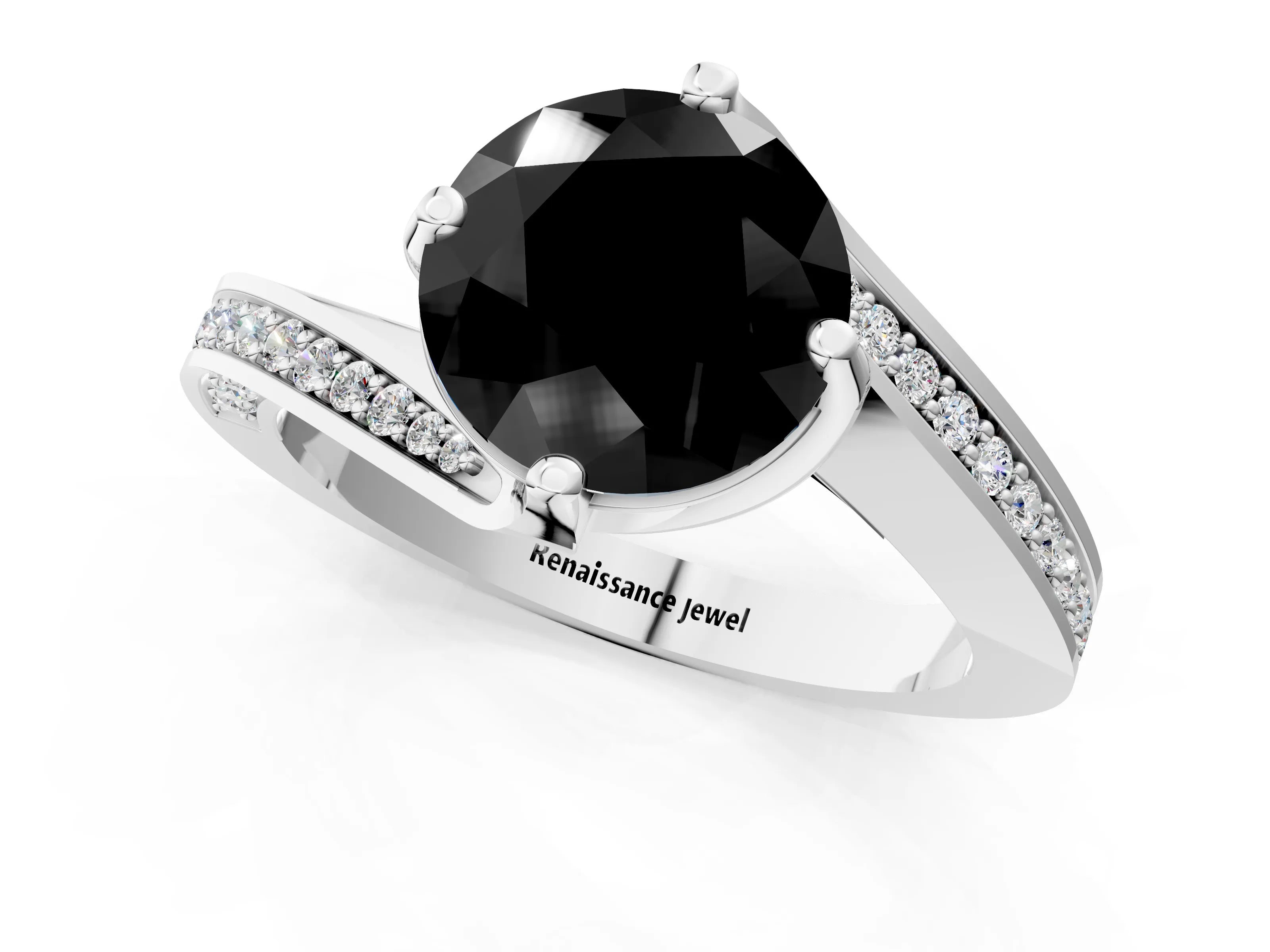 White gold Fancy Black Round Cut Solitaire Diamond Twist Band with Pavé Setting and Four-Prong Setting_13