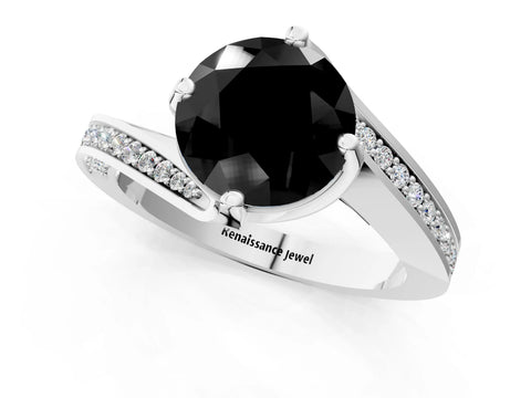 White gold Fancy Black Round Cut Solitaire Diamond Twist Band with Pavé Setting and Four-Prong Setting_13