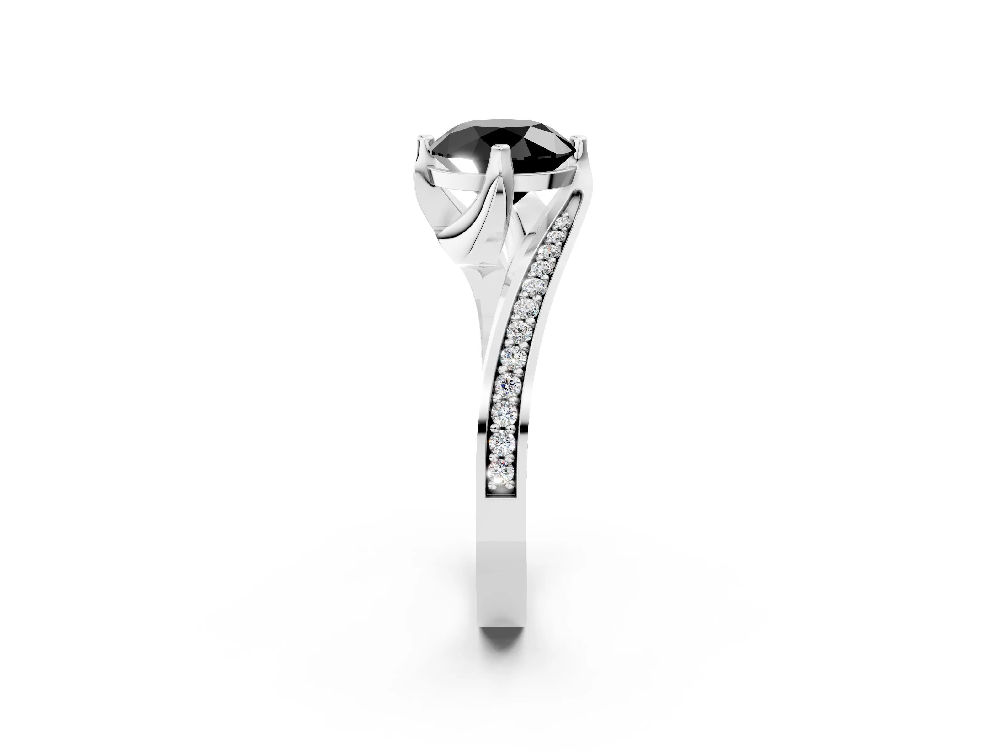 White gold Fancy Black Round Cut Solitaire Diamond Twist Band with Pavé Setting and Four-Prong Setting_14