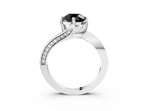 White gold Fancy Black Round Cut Solitaire Diamond Twist Band with Pavé Setting and Four-Prong Setting_15