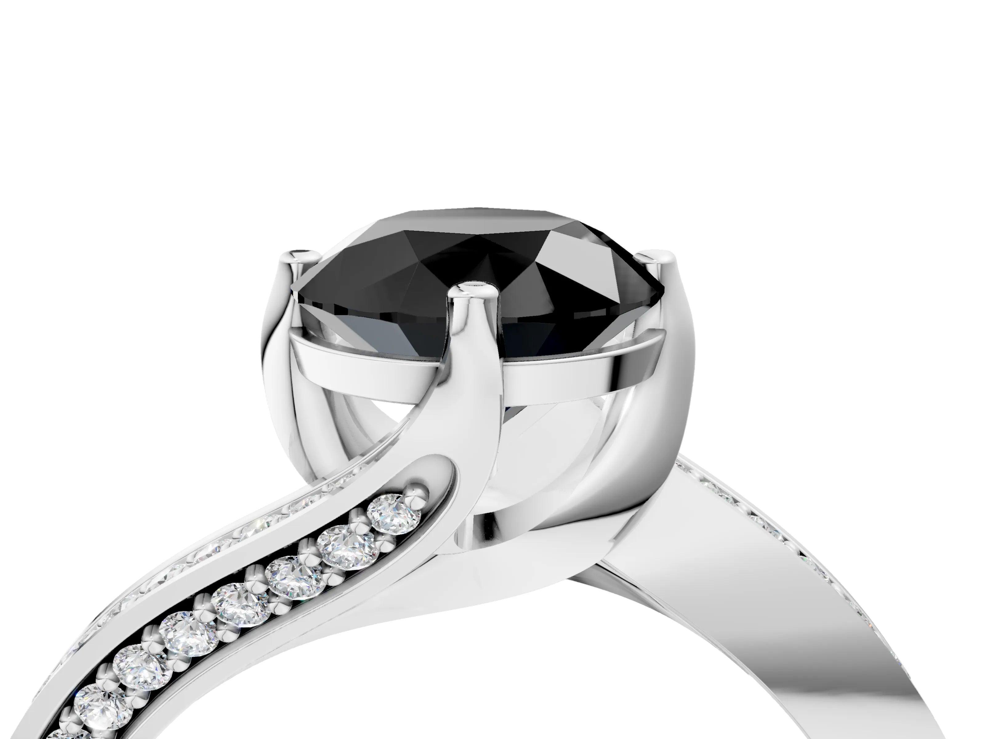 White gold Fancy Black Round Cut Solitaire Diamond Twist Band with Pavé Setting and Four-Prong Setting_16