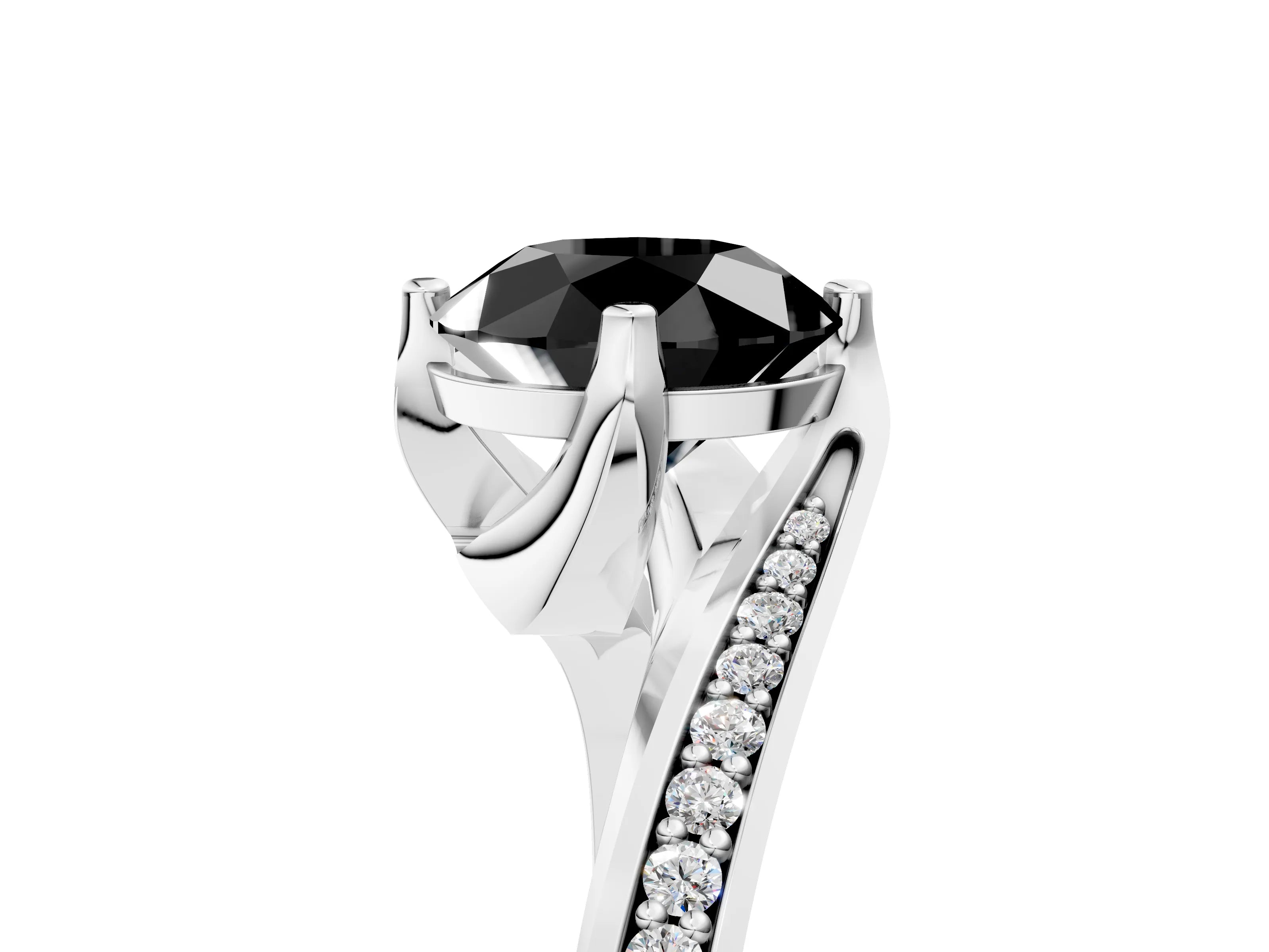 White gold Fancy Black Round Cut Solitaire Diamond Twist Band with Pavé Setting and Four-Prong Setting_17