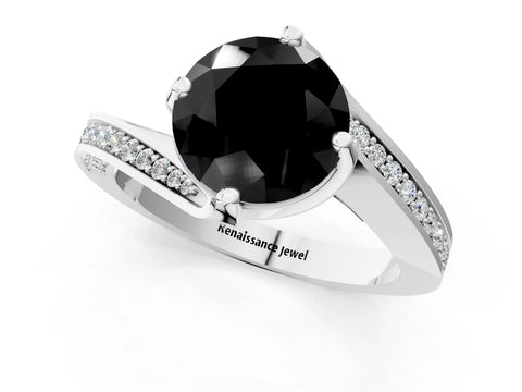 White gold Fancy Black Round Cut Solitaire Diamond Twist Band with Pavé Setting and Four-Prong Setting_1