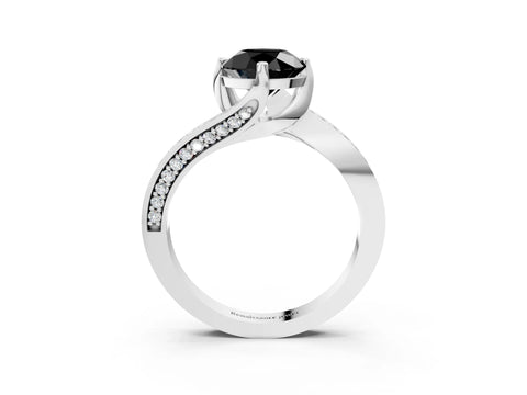 White gold Fancy Black Round Cut Solitaire Diamond Twist Band with Pavé Setting and Four-Prong Setting_3