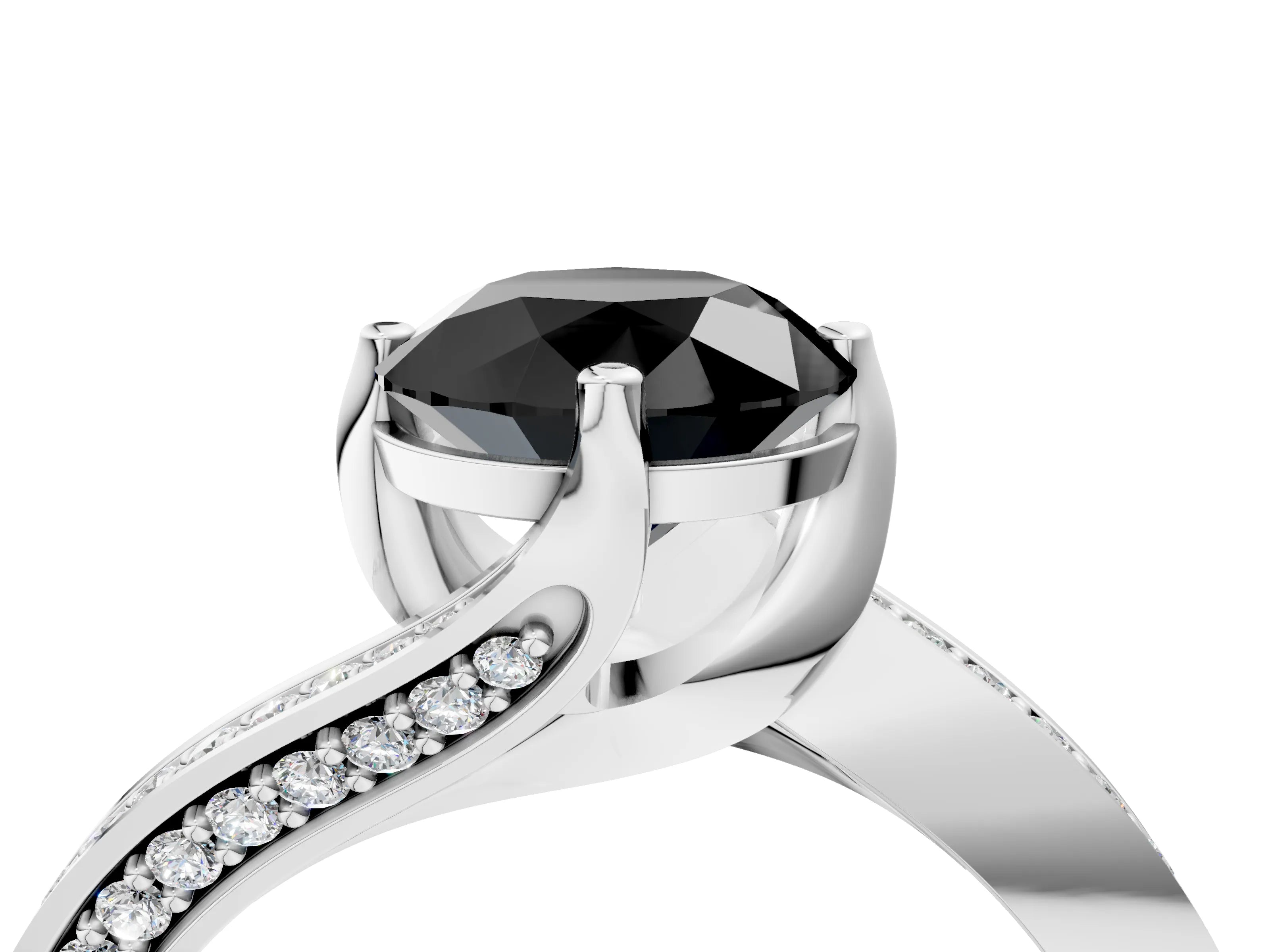 White gold Fancy Black Round Cut Solitaire Diamond Twist Band with Pavé Setting and Four-Prong Setting_4