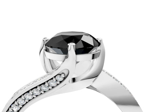 White gold Fancy Black Round Cut Solitaire Diamond Twist Band with Pavé Setting and Four-Prong Setting_4