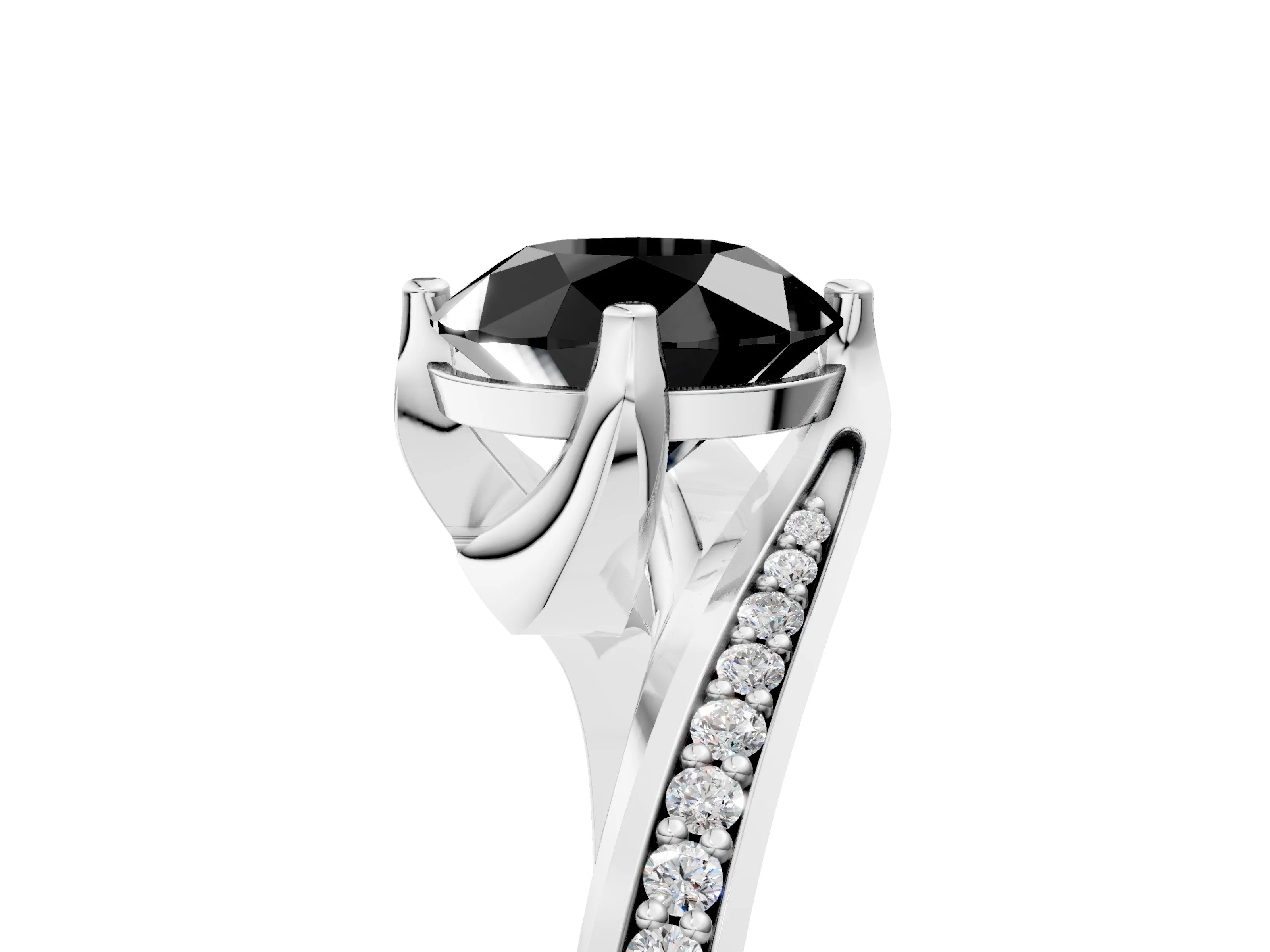 White gold Fancy Black Round Cut Solitaire Diamond Twist Band with Pavé Setting and Four-Prong Setting_5