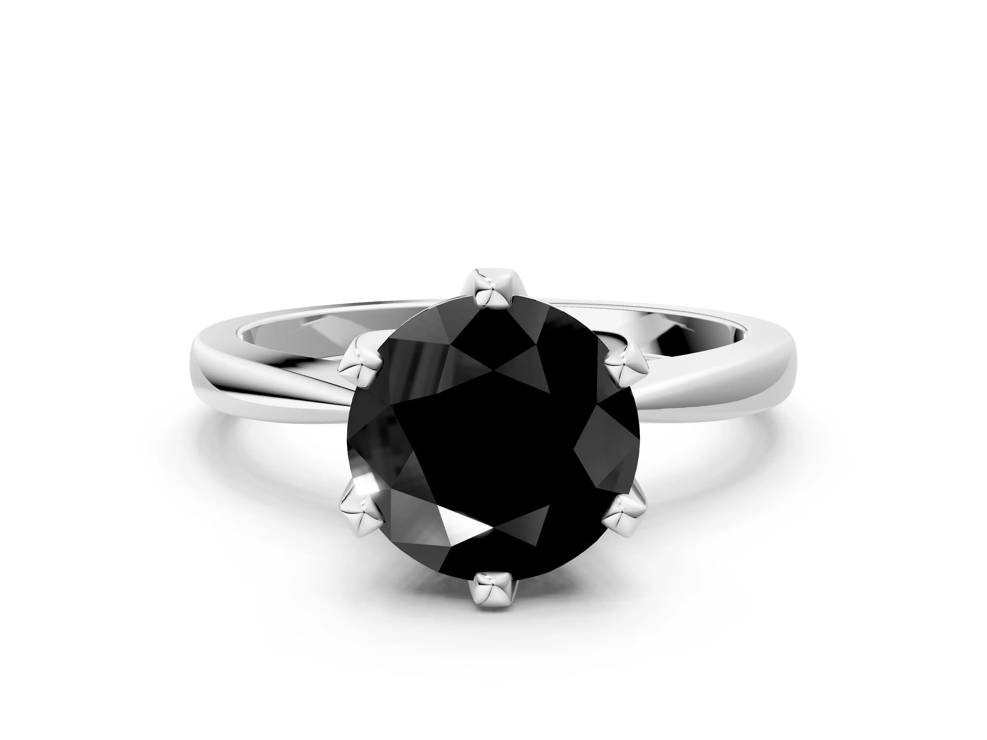 White gold Fancy Black Round Cut Solitaire Engagement Ring with Six-Prong Setting and Tapered Band