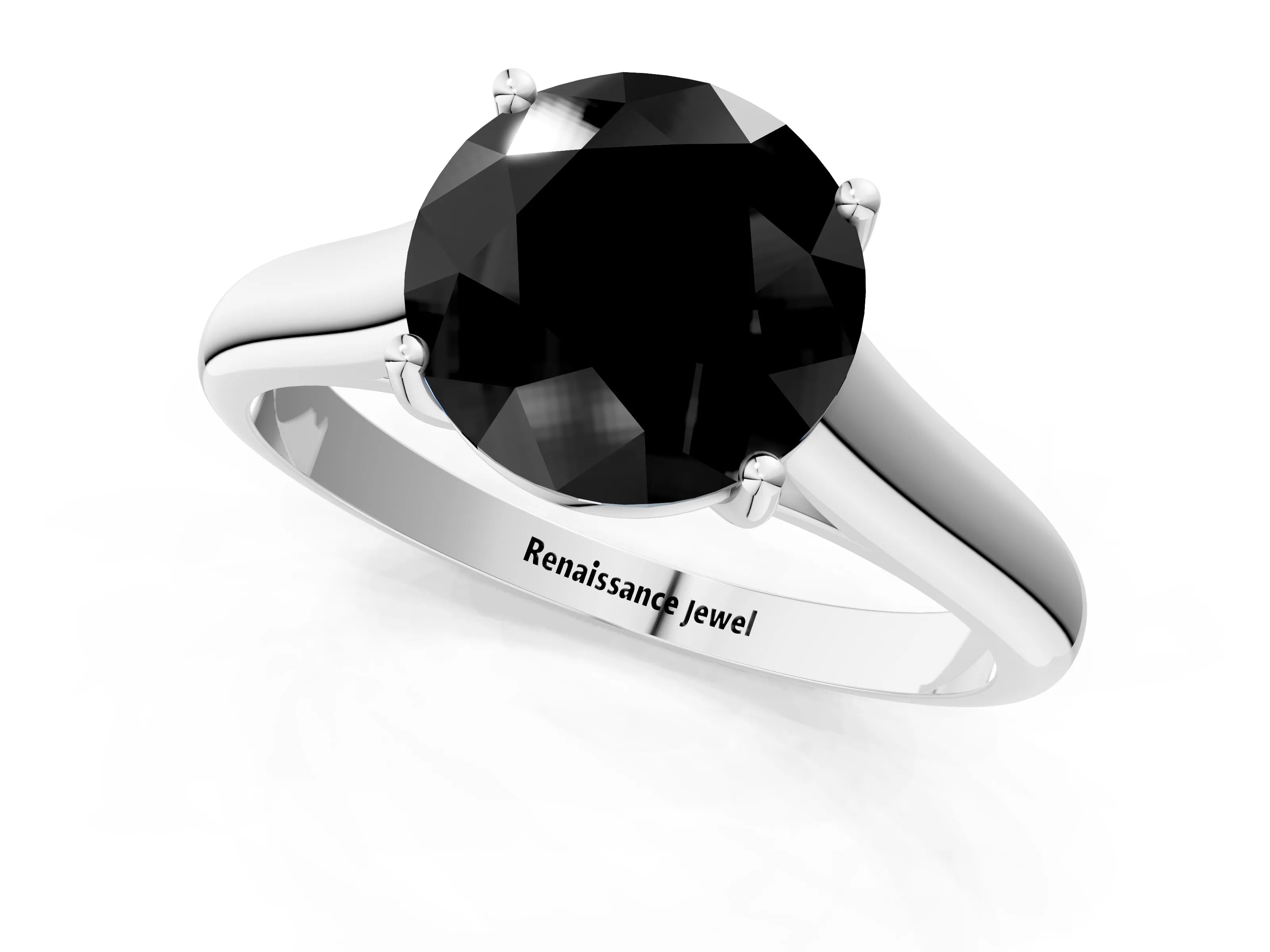 White gold Fancy Black Round Cut Solitaire Engagement Ring with Tapered Band and Four-Prong Setting_16