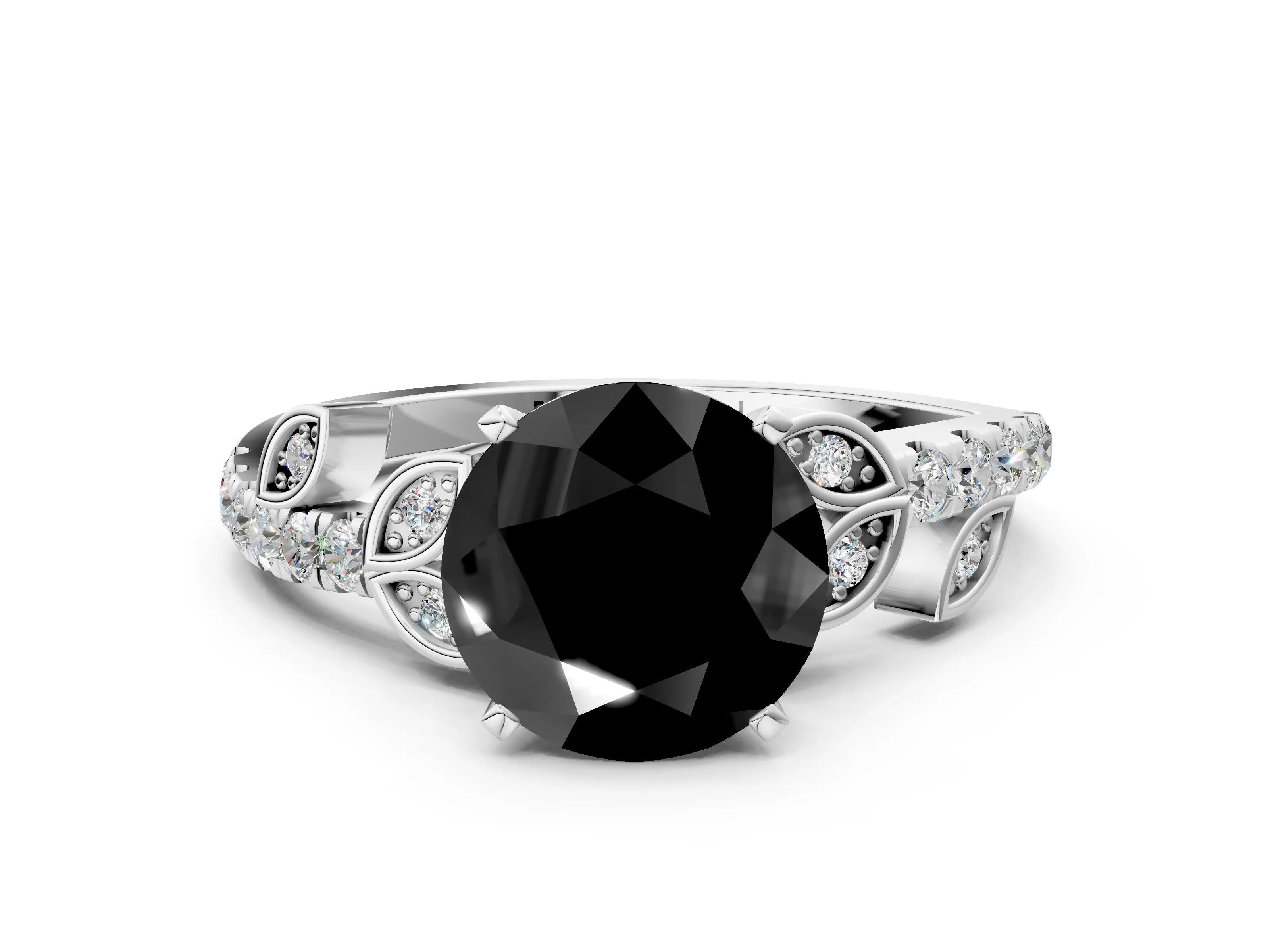 White gold Fancy Black Round Cut Solitaire Leaf-Inspired Diamond Ring with Pavé Band and Four-Prong Setting_12