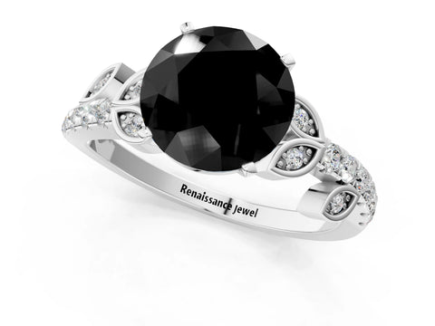 White gold Fancy Black Round Cut Solitaire Leaf-Inspired Diamond Ring with Pavé Band and Four-Prong Setting_13