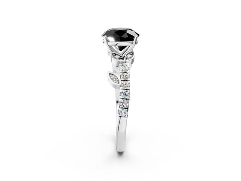 White gold Fancy Black Round Cut Solitaire Leaf-Inspired Diamond Ring with Pavé Band and Four-Prong Setting_14