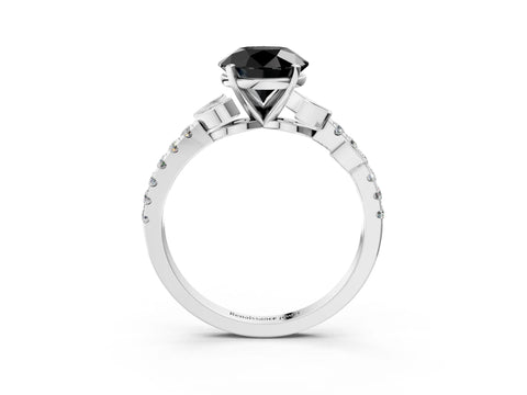 White gold Fancy Black Round Cut Solitaire Leaf-Inspired Diamond Ring with Pavé Band and Four-Prong Setting_15