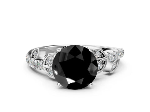 White gold Fancy Black Round Cut Solitaire Leaf-Inspired Diamond Ring with Pavé Band and Four-Prong Setting_24