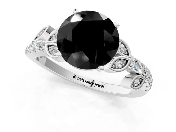 Platinum Round Leaf Solitaire Engagement Ring Setting for Black Center with Pave Band