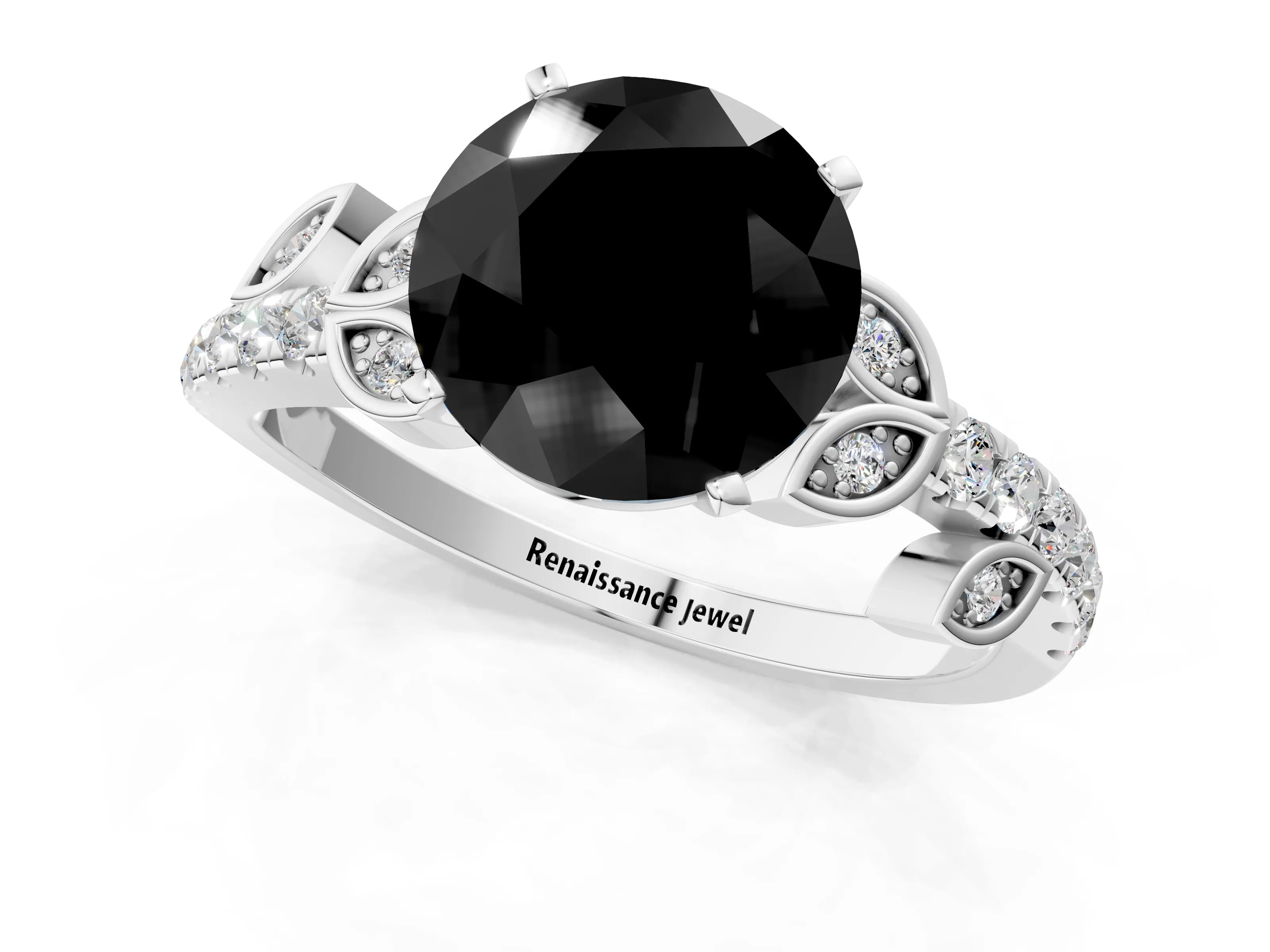 White gold Fancy Black Round Cut Solitaire Leaf-Inspired Diamond Ring with Pavé Band and Four-Prong Setting_25