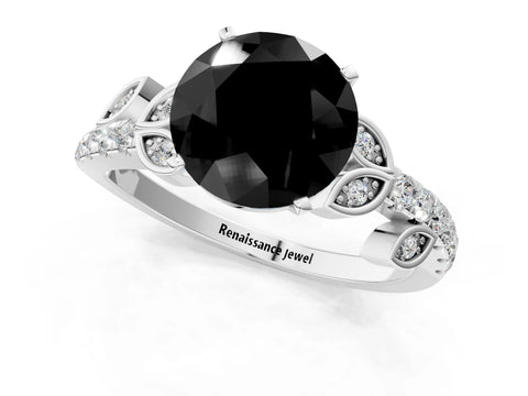 White gold Fancy Black Round Cut Solitaire Leaf-Inspired Diamond Ring with Pavé Band and Four-Prong Setting_25