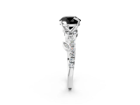 White gold Fancy Black Round Cut Solitaire Leaf-Inspired Diamond Ring with Pavé Band and Four-Prong Setting_26