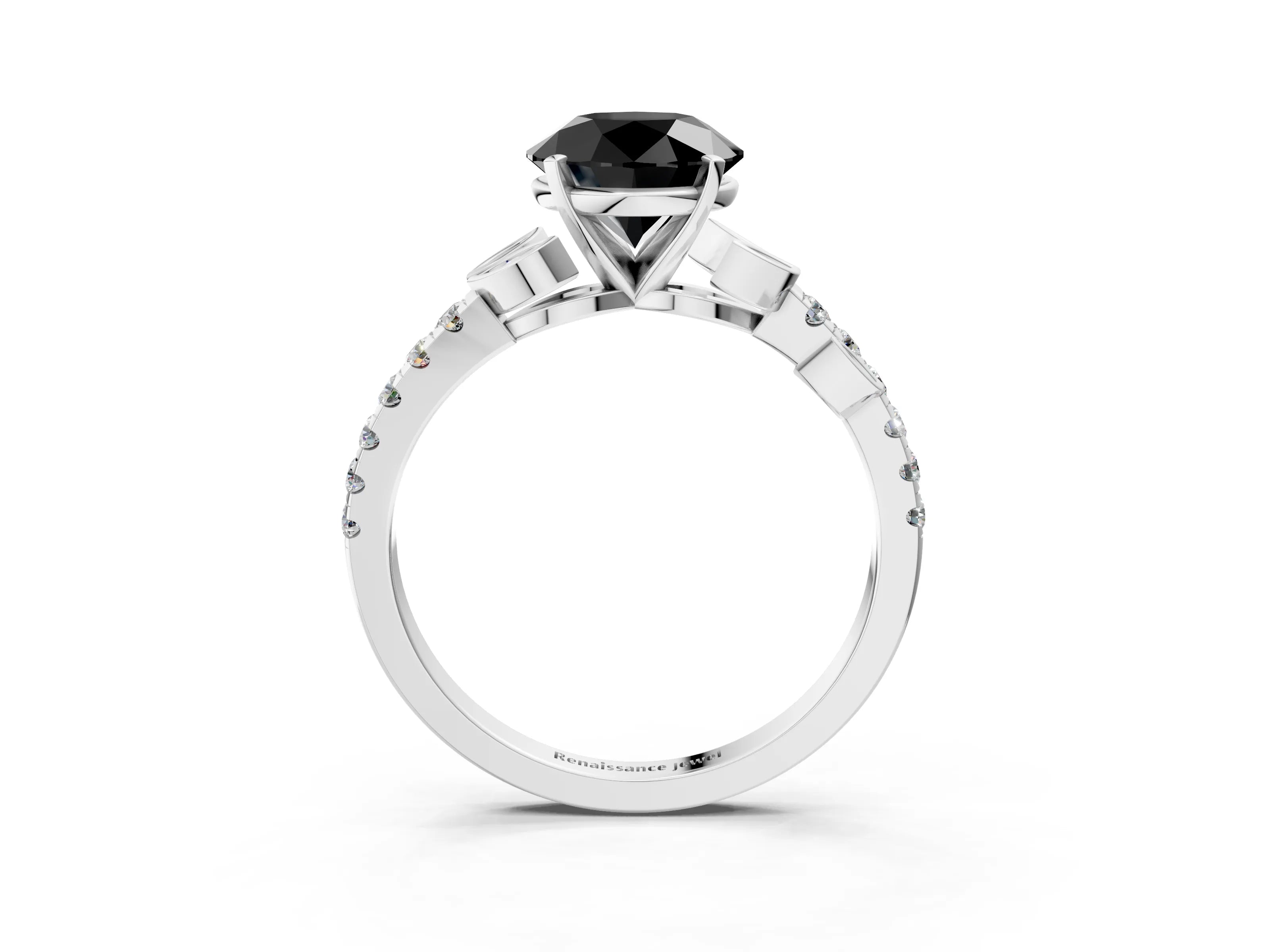 White gold Fancy Black Round Cut Solitaire Leaf-Inspired Diamond Ring with Pavé Band and Four-Prong Setting_27