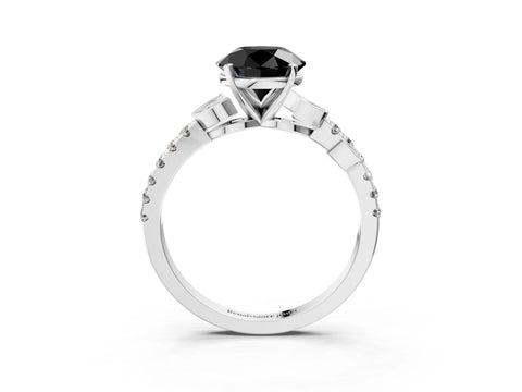 White gold Fancy Black Round Cut Solitaire Leaf-Inspired Diamond Ring with Pavé Band and Four-Prong Setting_27