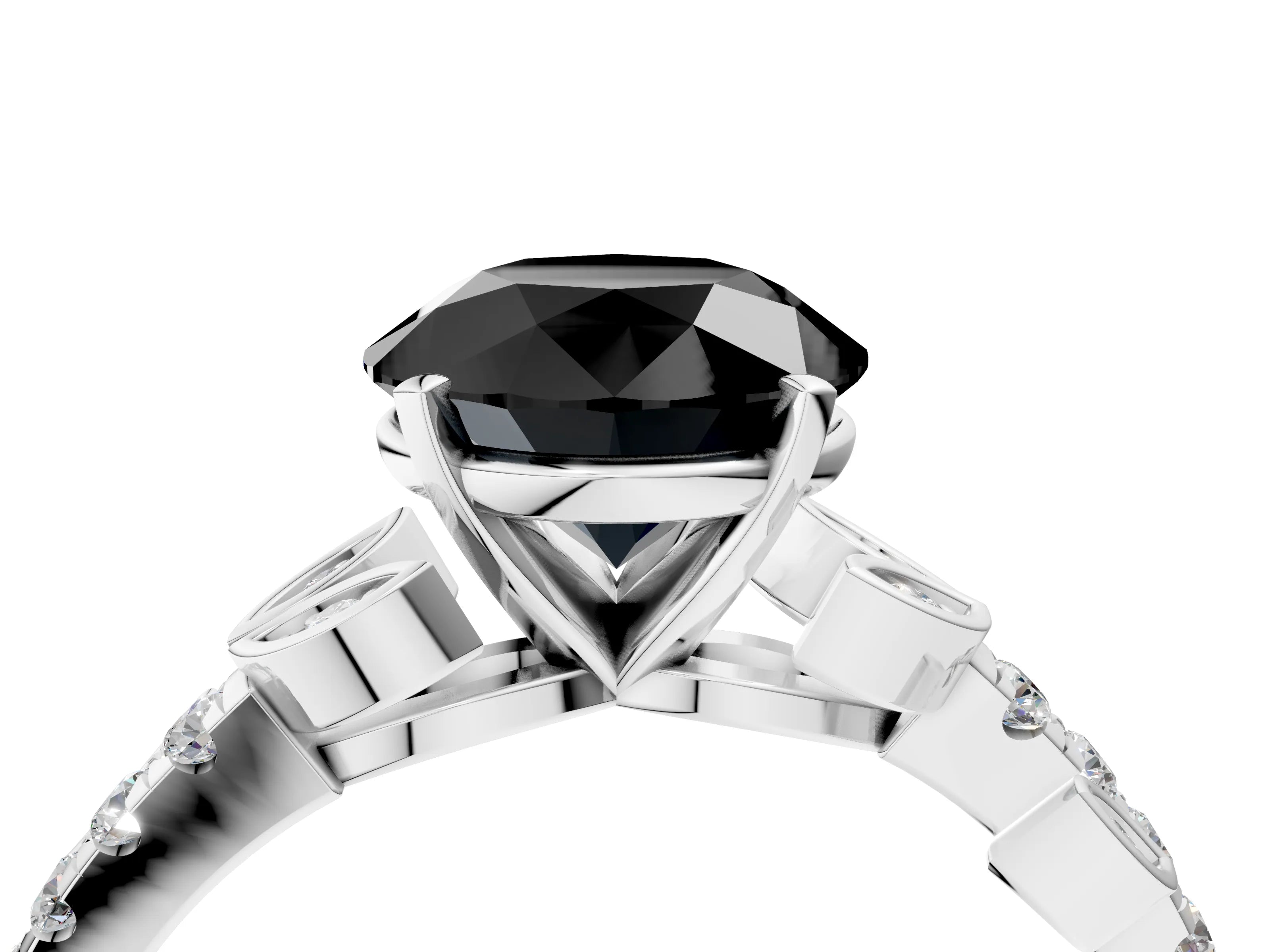 White gold Fancy Black Round Cut Solitaire Leaf-Inspired Diamond Ring with Pavé Band and Four-Prong Setting_28