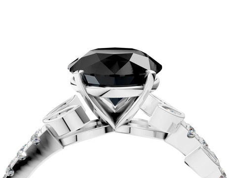 White gold Fancy Black Round Cut Solitaire Leaf-Inspired Diamond Ring with Pavé Band and Four-Prong Setting_28