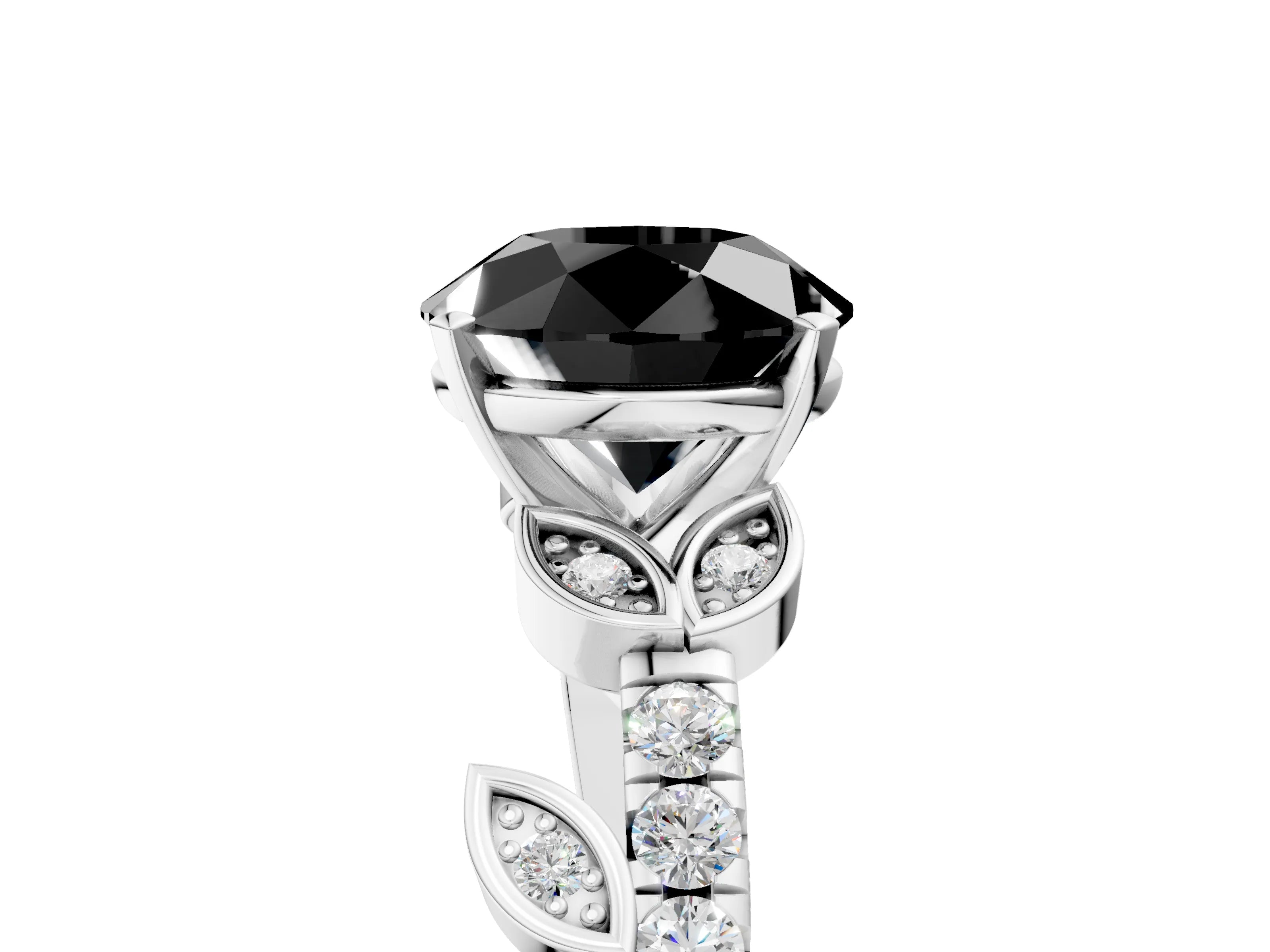 White gold Fancy Black Round Cut Solitaire Leaf-Inspired Diamond Ring with Pavé Band and Four-Prong Setting_29