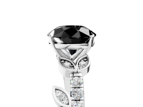White gold Fancy Black Round Cut Solitaire Leaf-Inspired Diamond Ring with Pavé Band and Four-Prong Setting_29