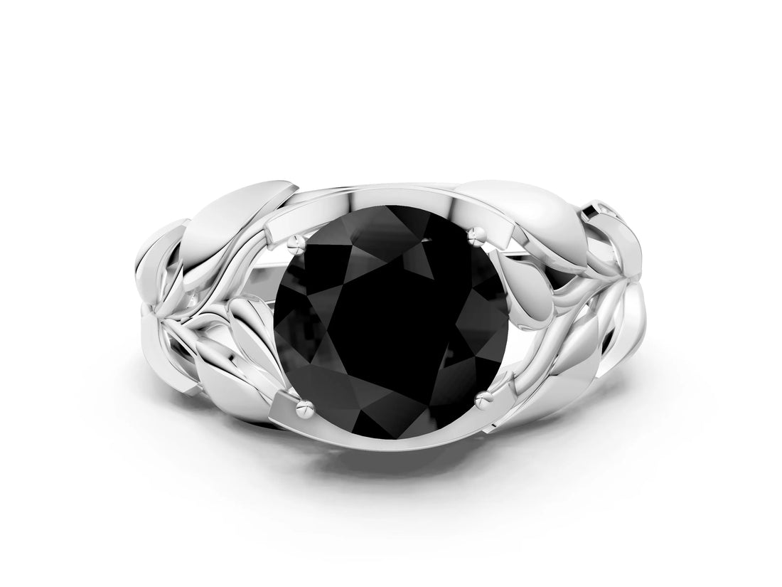White gold Fancy Black Round Cut Solitaire Leaf-Inspired Engagement Ring with Prong Setting_12