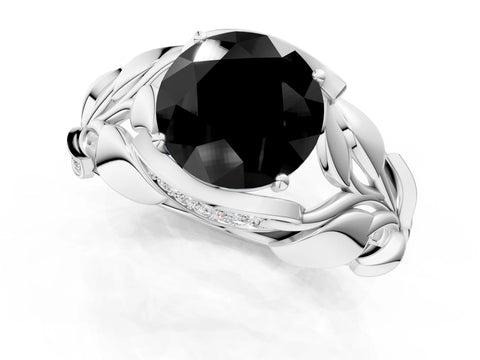 White gold Fancy Black Round Cut Solitaire Leaf-Inspired Engagement Ring with Prong Setting_1