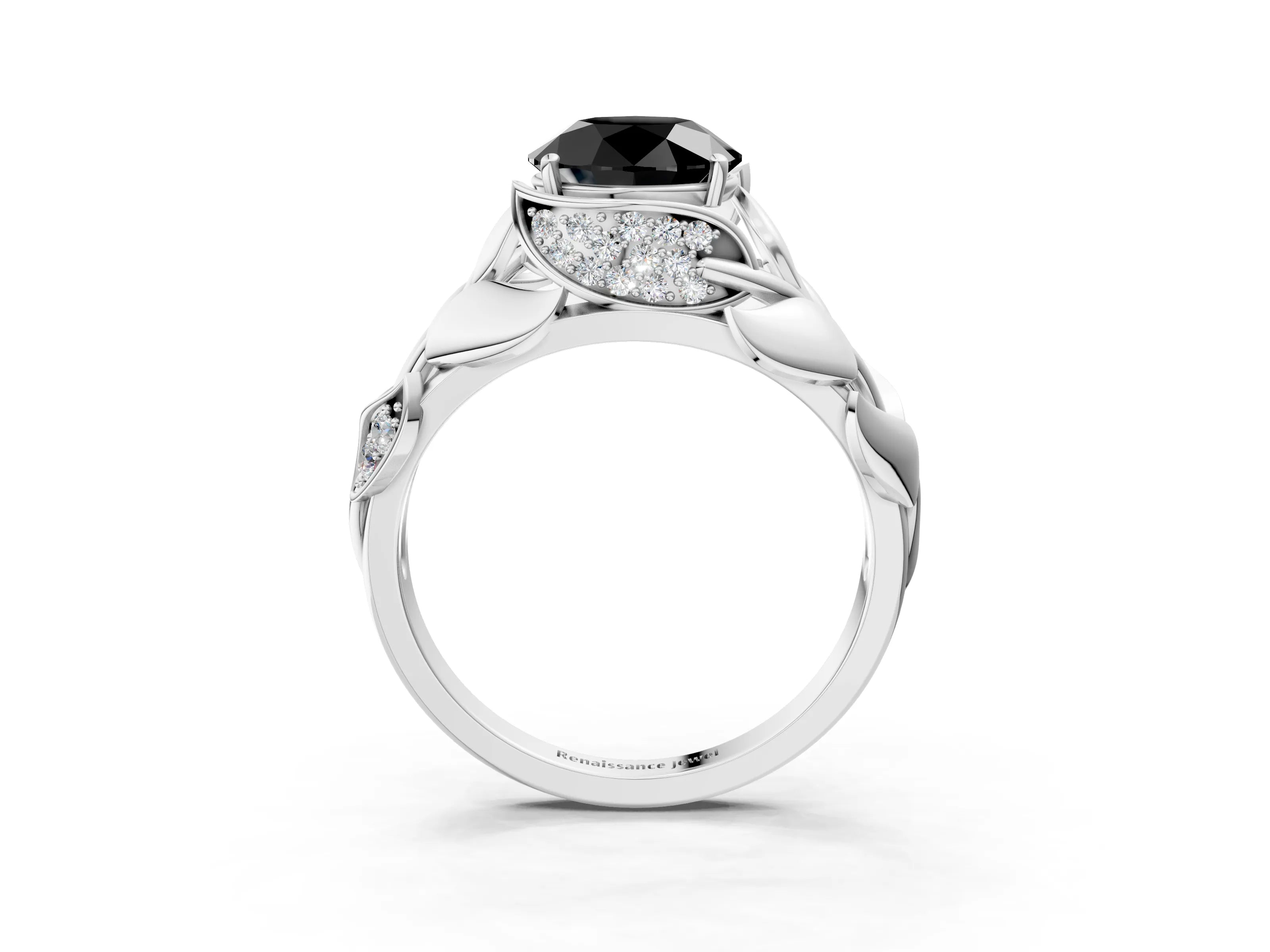 White gold Fancy Black Round Cut Solitaire Leaf-Inspired Engagement Ring with Prong Setting_3