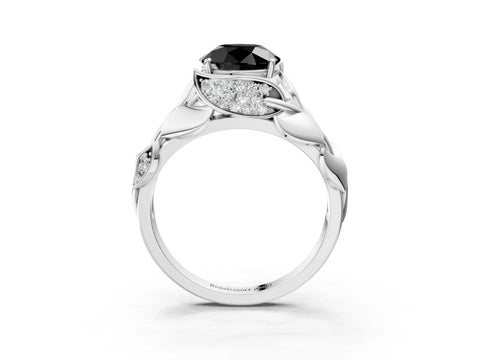 White gold Fancy Black Round Cut Solitaire Leaf-Inspired Engagement Ring with Prong Setting_3