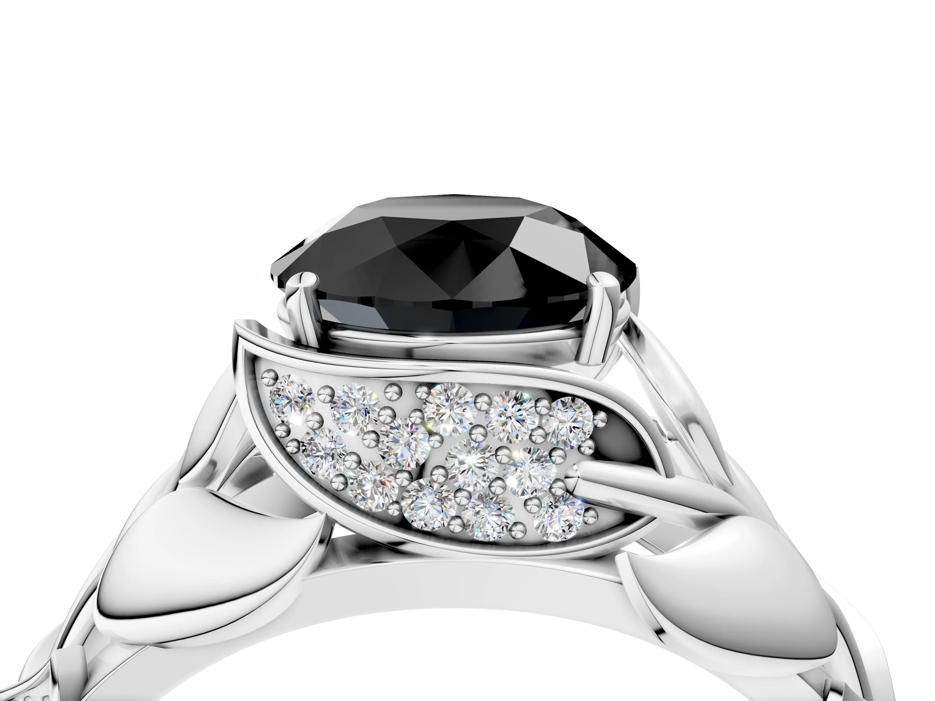 White gold Fancy Black Round Cut Solitaire Leaf-Inspired Engagement Ring with Prong Setting_4