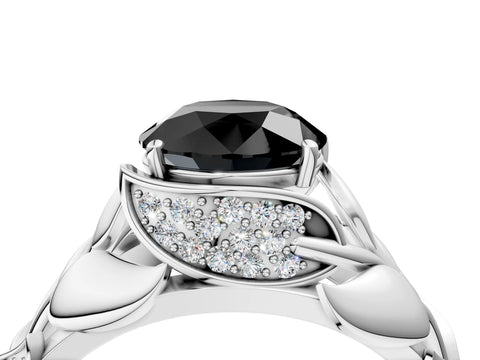 White gold Fancy Black Round Cut Solitaire Leaf-Inspired Engagement Ring with Prong Setting_4