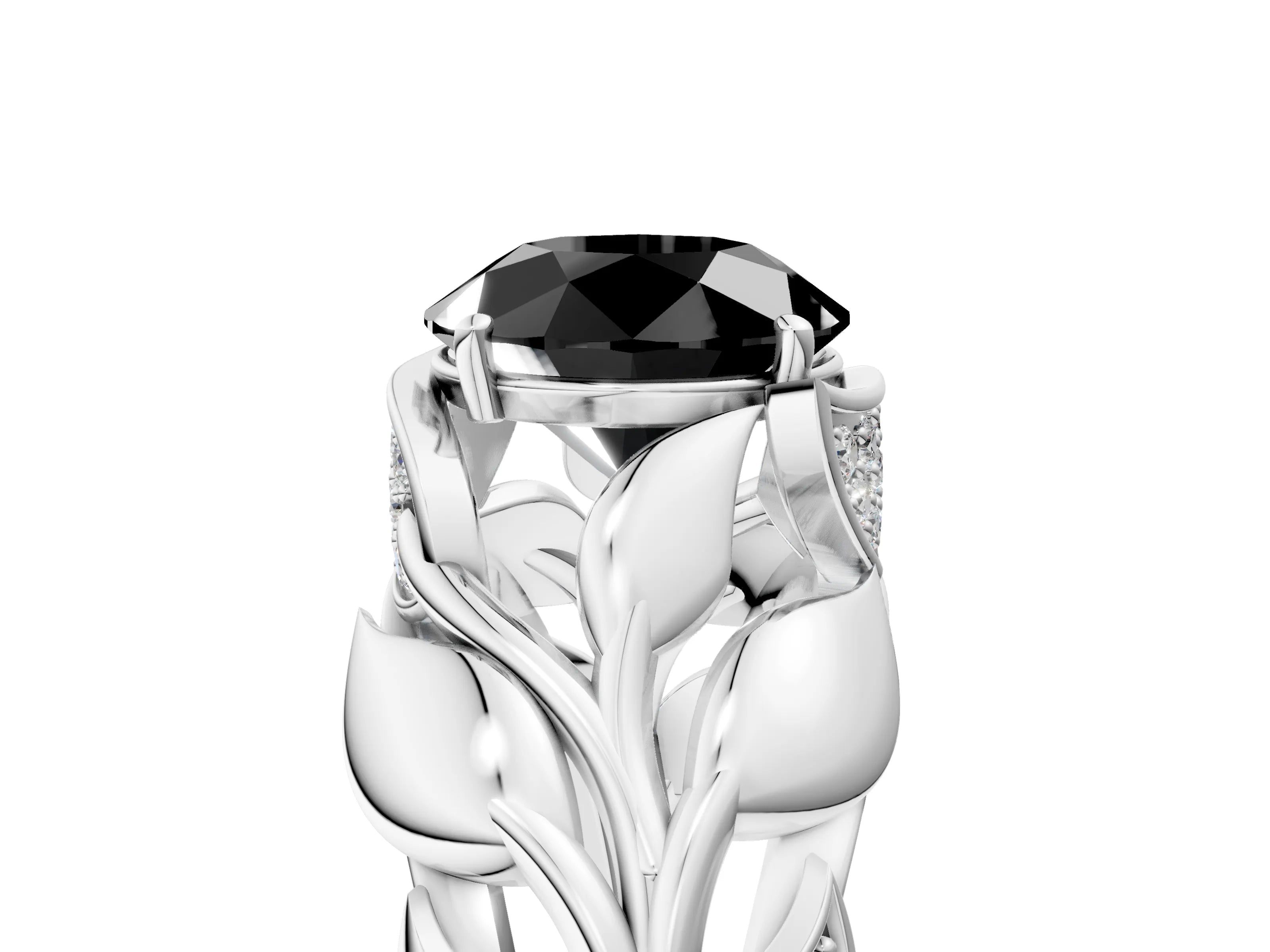 White gold Fancy Black Round Cut Solitaire Leaf-Inspired Engagement Ring with Prong Setting_5