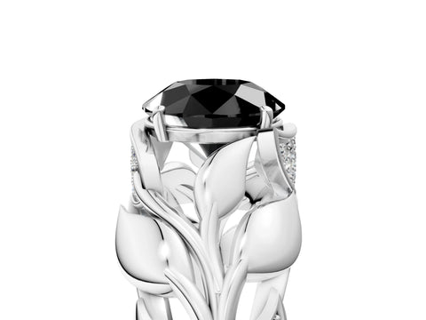 White gold Fancy Black Round Cut Solitaire Leaf-Inspired Engagement Ring with Prong Setting_5
