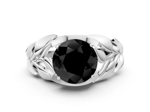 White gold Fancy Black Round Cut Solitaire Leaf-Inspired Engagement Ring with Prong Setting