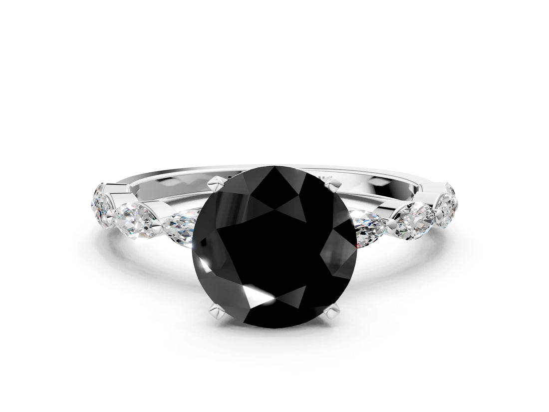 White gold Fancy Black Round Cut Solitaire Marquise Side Stone Prong Setting Ring