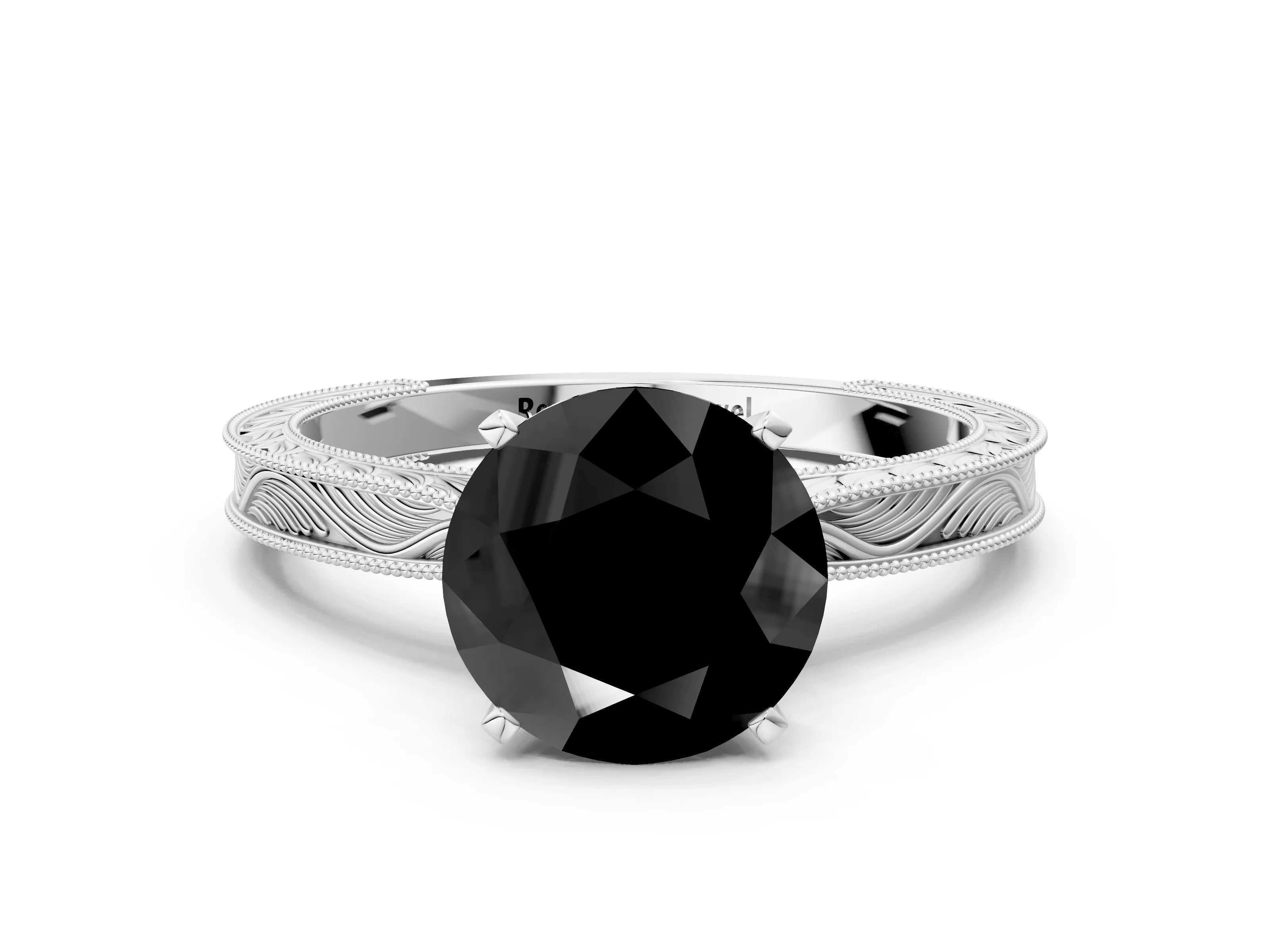 White gold Fancy Black Round Cut Solitaire Milgrain Engraved Band with Four-Prong Setting_12